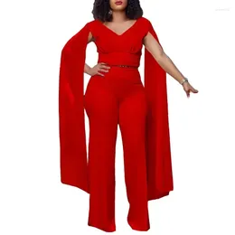 Women's Two Piece Pants 2024 2 Pieces African Clothes For Women Autumn Elegant V-neck Red Black White Top Pant Matching Sets Dashiki Outfits