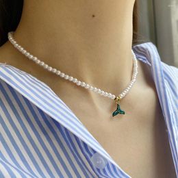 Pendant Necklaces Sea Blue Fish Tail Imitation Pearl Necklace For Women Collar Stainless Steel Gold Colour Clasp Bulk Items Wholesale