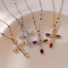 Fashion Women Crystal Zircon Cross Pendant Necklace for Women Girl Stainless Steel Chain Necklace Punk Party Jewellery Wholesale YMN086