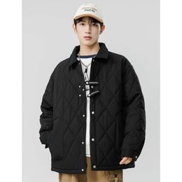 Men's Down Parkas Winter Jacket Rhombic Pattern Lapel Cotton Coat Single Breasted Padded Men Button Design Korean Casual Warm Jackets 231108