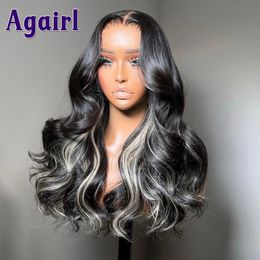 Synthetic Wigs Silver Gray Highlight 32 30 Inch Human Hair Lace Frontal Wig Grey Black Transparent 13X4 13x6 Full Lace Body Wave Lace Front Wig 231108