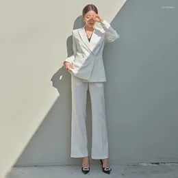 Women's Two Piece Pants Formal White Sets Women Fashion Elegant Double Breasted Long Sleeve Blazers Wide Leg Suits