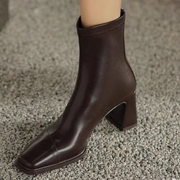 Boots 2023 Square Low Heel Fashion Ankle Genuine Leather Short Toe Zipper Winter Women Shoes Size 3440 231109