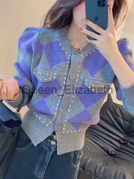 Women's Sweaters New Purple Argyle Knitted Sweater Spring Autumn Long Puff Sleeve Single Breasted Cardigan Korean Fashion Short Tops J231108