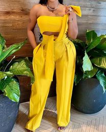 Women's Two Piece Pants Bandeau Multi-Way Top & Straight Leg Set Women Sleeveless Tops Lace Up Elastic Waist Trousers Elegant Suits