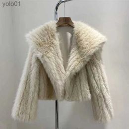 Women's Fur Faux Fur Women's Fur Coat Navy Collar Stripe Top Woven Eco Short Winter New 2023L231120