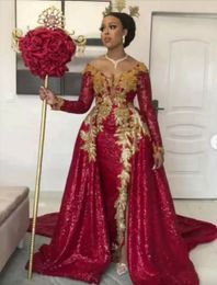 Sequins Mermaid Red Prom Party Dresses Overskirt Train Off Shoulder Long Sleeves Gold Lace Plus Size Formal Evening Ocn Gowns Vestidos De Noiva