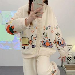 Women's Sleepwear Winter Warm Flannel Pyjamas Set Pyjama Lounge Sets Pijama Long Sleeved Trousers 2 Piece Cute Print Home Wear Clothes Pjs