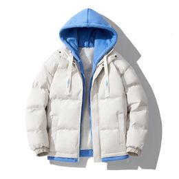 Men's Down Parkas Winter Jacket Thicken Zipper Hooded Parkers Colour Contrast Patchwork Cotton Coat Korean Fashion Casual 231108