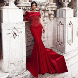 Red Beaded Prom Dresses Mermaid Sequined Evening Gowns Off The Shoulder Neck Satin Ruffled Special Occasion Formal Wear