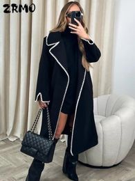 Mulheres misturas de lã vintage retalhos solto casaco longo para mulheres moda turn down collar feminino outwear outono inverno elegante bolso senhora casacos 231109