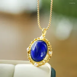 Chains Light Luxury Design Sense Ancient Gold Crafts Pearl Inlaid Lapis Lazuli Necklace Vintage High Quality Blue Pendant Jewelry