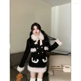 Work Dresses French Sweet Girl Suit Women's Autumn And Winter Spliced Fur Collar Short Coat Mini Skirt Two-piece Set Fashion Female Clothes