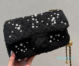 Fall/Winter French Lamb Wool Pearl Flap Bag Black Classic Quilted Hardware Leather