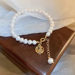 Strand Minar Elegant Baroque Freshwater Pearl Bracelets For Women Chinese Letter Hollow Out Coin Beaded Bracelet Pendientes 2023