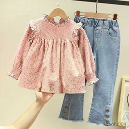 Clothing Sets Children'S Clothing Spring Autumn New Floral Cute Baby Shirt +Denim Bell Jeans Pants Casual Sweet Girls Clothes Suit