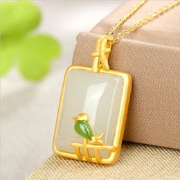 Pendants Top Grade Jade Bird Branch Pattern Necklace Women Rectangle Pendant Jewelry Trendy Silver 925 Sterling For Lady Gift