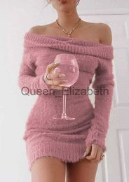 Basic Casual Dresses Off Shoulder Women Sweater Bodycon Dress Sexy French Knitted Long Sleeve Pink Y2k Vintage Winter Clothes Slim Knitwear Vestido J231108