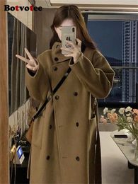 여성용 양모 블렌드 Botvotee Double Breasted Coat for Fall Winter Solid Casual Pockets Jackets Office Lady Collar 231109