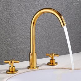 Bathroom Sink Faucets Black Basin Brass Polished Chrome Deck Mounted 3 Hole Double Handles And Cold Water Tap Gold