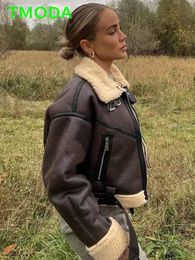 Women's Jackets T MODA Spring Autumn Women Fur Loose Belt Warm Jacket Lamb Wool Thickened Locomotive Lapel Female Coat Brown Chic Outwear 231108