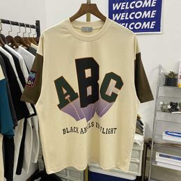 American Fashion Brand Contrast Panel Abc3d Letter Direct Spray Print Tee Men's and Women's Loose Cotton Short Sleeve T-shirt Couple