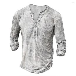 Men's T Shirts Spring Autumn Henley Solid Color 3D Printed Fashion Vintage Long Sleeve Button-Down Shirt Man Tees Tops Clothing