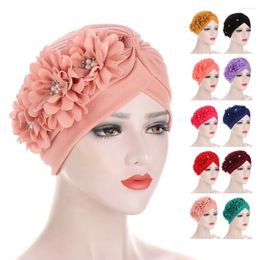 Ethnic Clothing Trendy Forehead Crossed Satin Hijab Cap Pearl Decor Big Flower Bonnet Women Muslim Turban Hat Turkish Headscarf Undercap