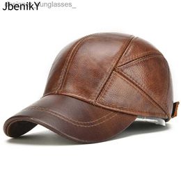 Stingy Brim Hats Brand Men Casual Real Leather Earfl C Men Real Cowhide Leather Cs Male Fall Winter Genuine Real Cow Leather Baseball HatsL231109