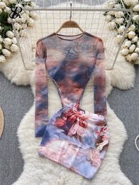 Work Dresses SINGREINY Fashion Sweet Two Pieces Suits O Neck Long Sleeved Transparent BodySuit Top Skinny Mini Skirt Tie Dye Print Sets