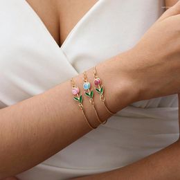 Charm Bracelets Korean Light Luxury Tulip Flower Bracelet Vintage Aesthetics Enamel Colorful For Women Party Jewelry Gift