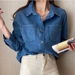 Women's Blouses Blue Denim Shirt Women 2023 Autumn Single-Breasted Jeans Female Pockets Loose Fashion Turn Down Collar Cowboy Blusas