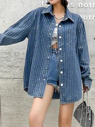 Women's Blouses Drilling Women Denim Blouse Turn Down Collar Long Sleeve Single Breasted Loose Shirt Female Streetwear Fashion Ladies Outfit