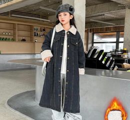 Jackets Korean Winter School Girl Long Plus Velvet Denim Jacket Teenager Thicken Warm Windproof Coat Child Outwears 4-14Yrs