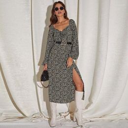 Casual Dresses Retro V-Neck Long Sleeve Floral Dress Spring Autumn Women Sexy Split Office Lady Black Elegant High Waist Princess