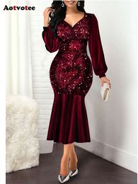 Sequins for Women Fashion Vintage Elegant Deep V Neck Long Sleeve Slim Chic High Waisted Mermaid Dress