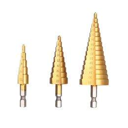 Freeshipping 3Pcs HSS Step Drill Bits Titanium Coated Straight Flute Pagoda Drill Bit Set woodworking perforator 1/4" Hex Shank Ho Rxho