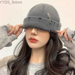 Beanie/Skull Caps Winter Harajuku Y2K Knitted Hat Women Fashion Warm Thick Men Hip Hop Pin Hole Skullcap Short Hat Unisex Basic Cap YQ231108