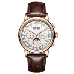 Wristwatches 42mm Men's Automatic Watch White Dial Gold Case Moon Phase Calendar Multifunction Leather Strap Mechanical Male285S