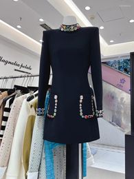 Casual Dresses HIGH STREET Est 2023 Designer Fashion Women's Colorful Diamond Standing Neck Long Sleeve Dress