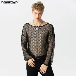 Men's T Shirts Party Nightclub Style Tops INCERUN Mens Loose Fitting See-through Mesh T-shirts Casual Sexy Long Sleeved Thin S-5XL