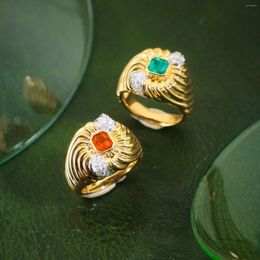 Cluster Rings Vintage Mediaeval Style Texture Sense 18K Gold Plated Inlaid With Simulation Emerald Fanta Orange Gemstone Ring For Women