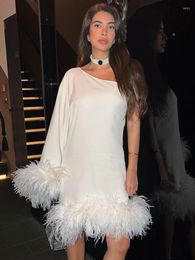Casual Dresses Fashion Women One Shoulder Long Sleeve Night Club Evening Gown Vestidos Feather Trim Elegant Party Mini Dress
