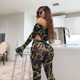 Women's Two Piece Pants Mesh Sexy Transparent Women Co-ord Set Letter Print Off Shoulder 2 Outfit 2023 Long Sleeve Bodysuit And Sets