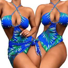 Women's Swimwear Sarong Halter Leaves Print Women One Piece Swimsuit Female Monokini Cut Out Bather Bathing Suit Swim Lady