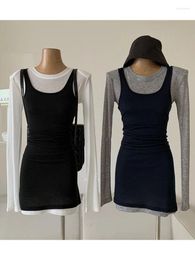 Work Dresses 2000s Aesthetic Outfits 2 Piece Set Solid Color Simple T-Shirts Elastic Waist Vest Skirt Coquette Autumn Winter