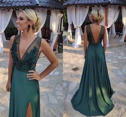 Arabic Aso Ebi Dark Green Chiffon A Line Bridesmaid Dresses Sexy V Neck Backless Maid Of Honour Gowns 3D Flowers Lace Beaded Long Split Wedding Guest Party Dress CL2905