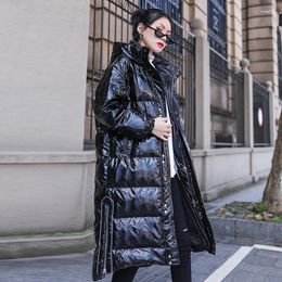 Women's Trench Coats Black Glossy Parkas Jacket Long Winter Warm Coat Woman Plus Size Down Thicken Overcoat Hooded Outwear