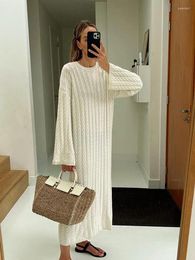 Casual Dresses Solid Women Ribbed Knitted Midi Dress Loose O-neck Long Sleeve Lady 2023 Autumn Female Chic Streetwear Robe