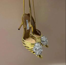 Aquazzura Crystal Margarita Pump heels 105mm Nero flower Rhinestone decoration High heeled dress Pointed Toes Ankle Strap Stiletto Heel sandal party shoes9